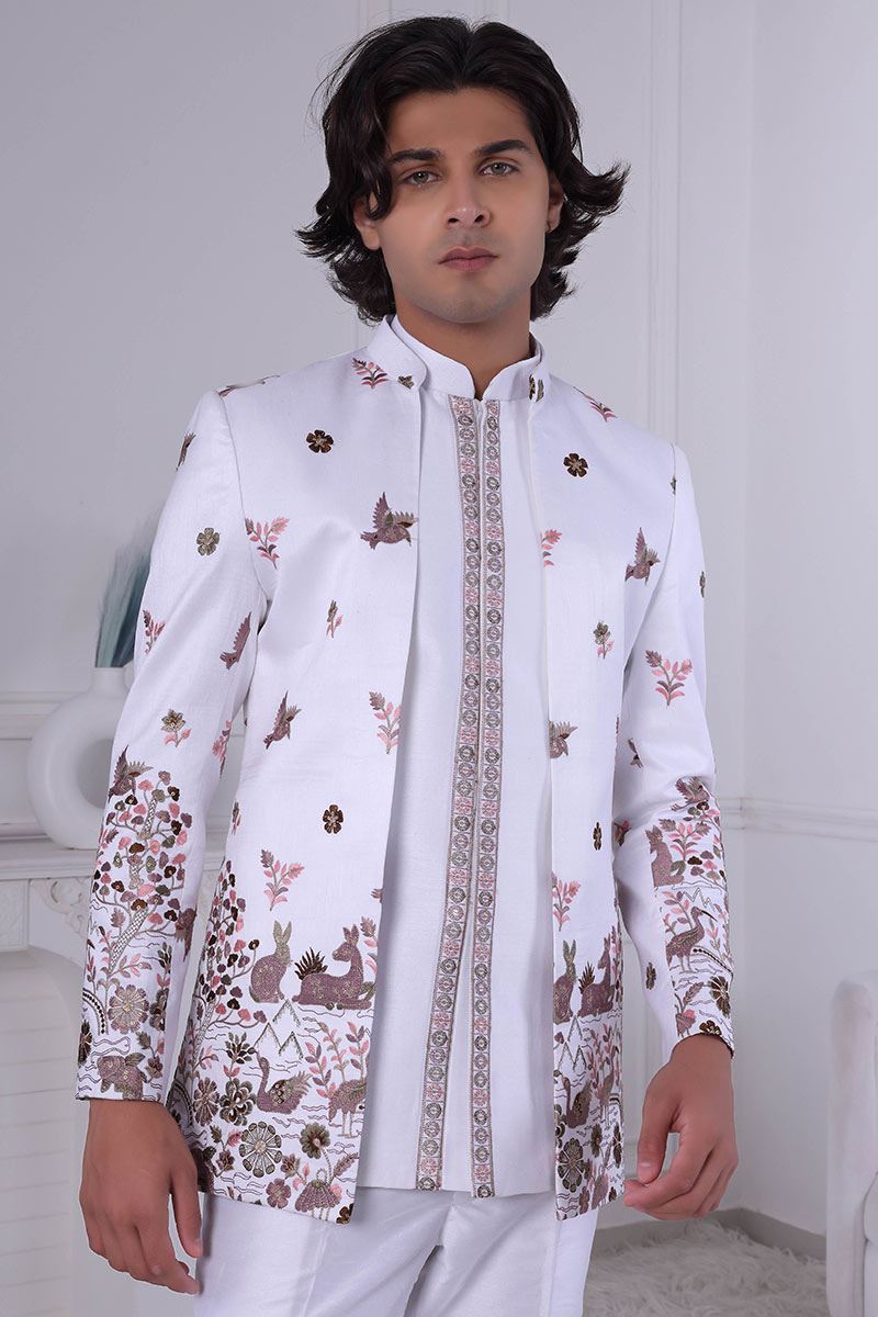 Classy White Designer Men’s Indo-Western for Engagement and Reception