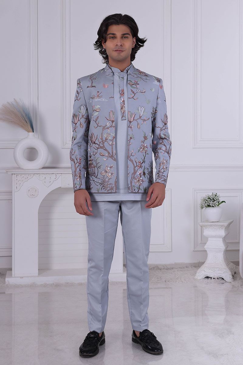 Attractive Grey Designer Men’s Indo-Western for Engagement and Reception