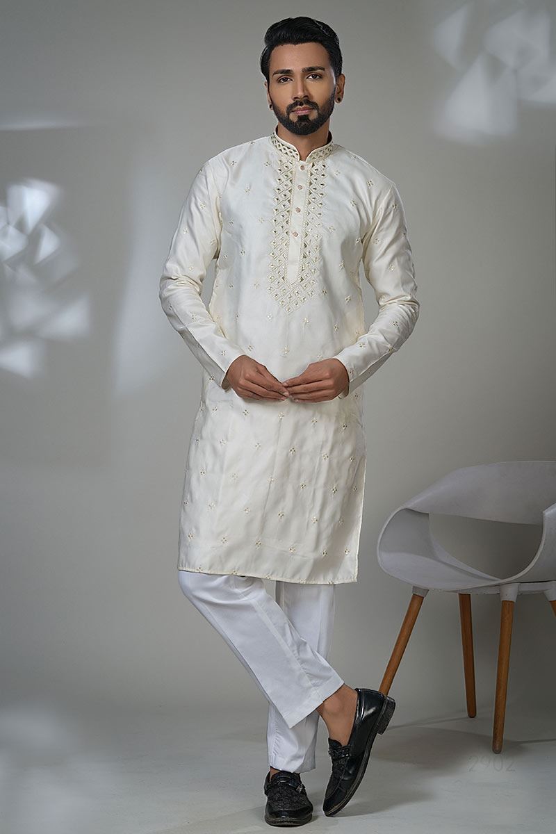 Artistic Cream Designer Men’s Kurta Pyjama for Engagement, Sangeet, and Parties