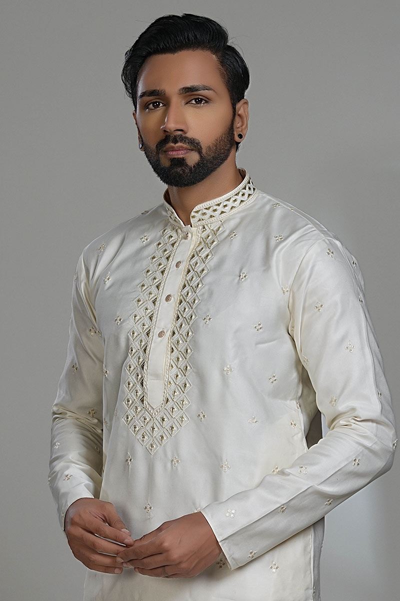 Artistic Cream Designer Men’s Kurta Pyjama for Engagement, Sangeet, and Parties