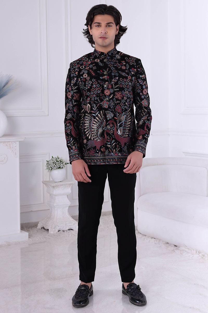 Spectacular Jade Black Designer Men’s Indo-Western for Engagement and Reception