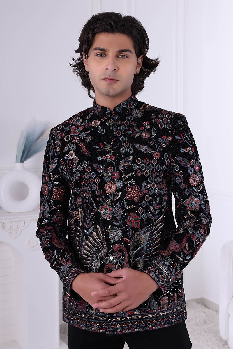 Spectacular Jade Black Designer Men’s Indo-Western for Engagement and Reception