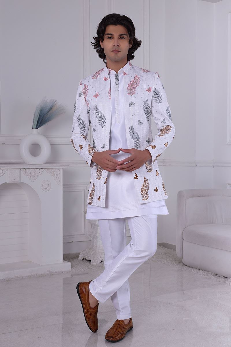 Majestic White Designer Men’s Indo-Western for Engagement and Reception