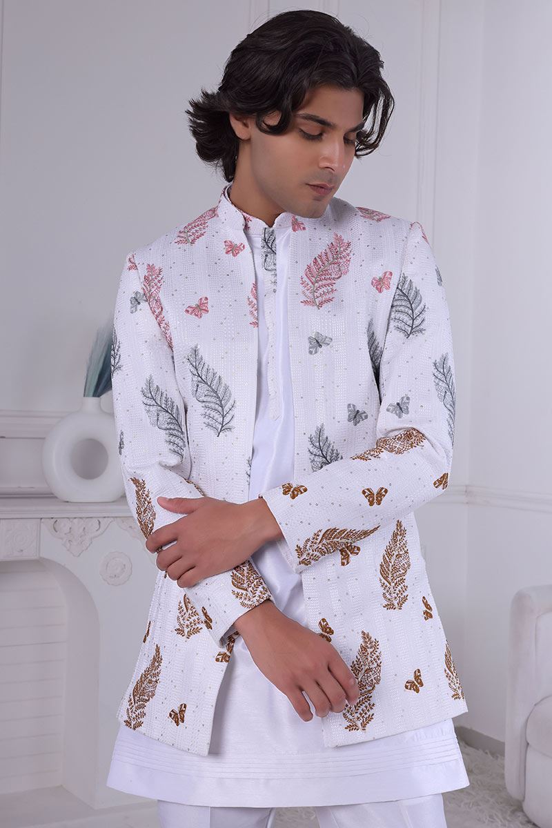 Majestic White Designer Men’s Indo-Western for Engagement and Reception