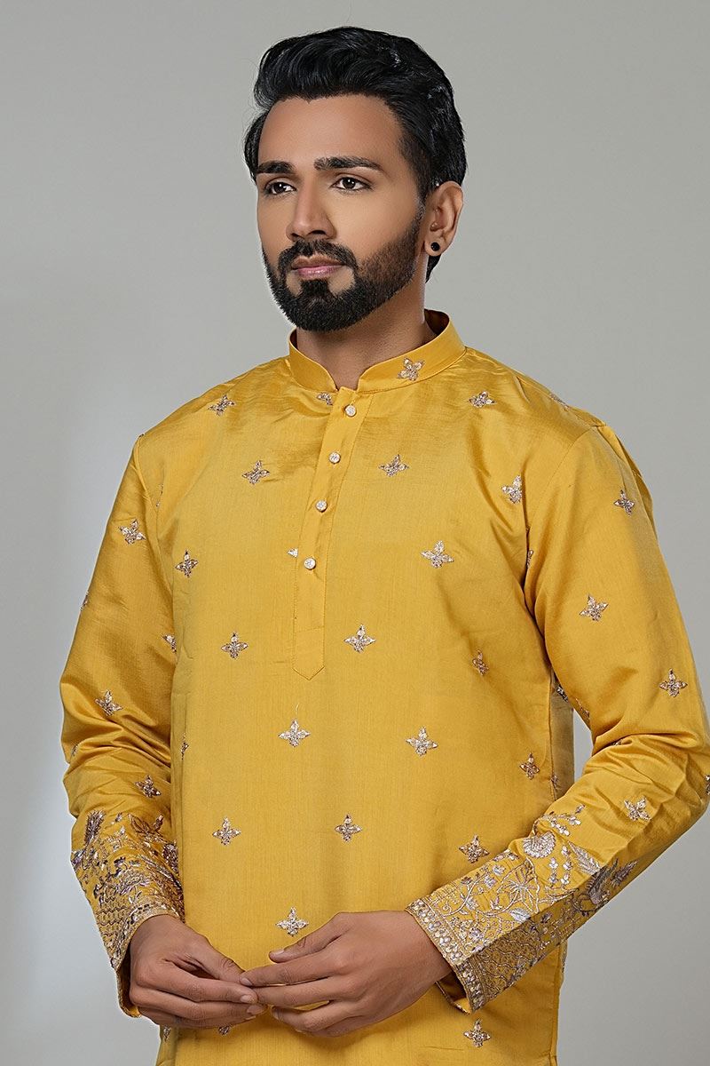 Exuberant Turmeric Yellow Designer Men’s Kurta Pyjama for Haldi, Sangeet, and Parties