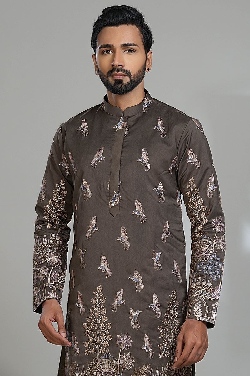 Exquisite Chocolaty Designer Men’s Kurta Pyjama for Festivals, Sangeet, and Parties