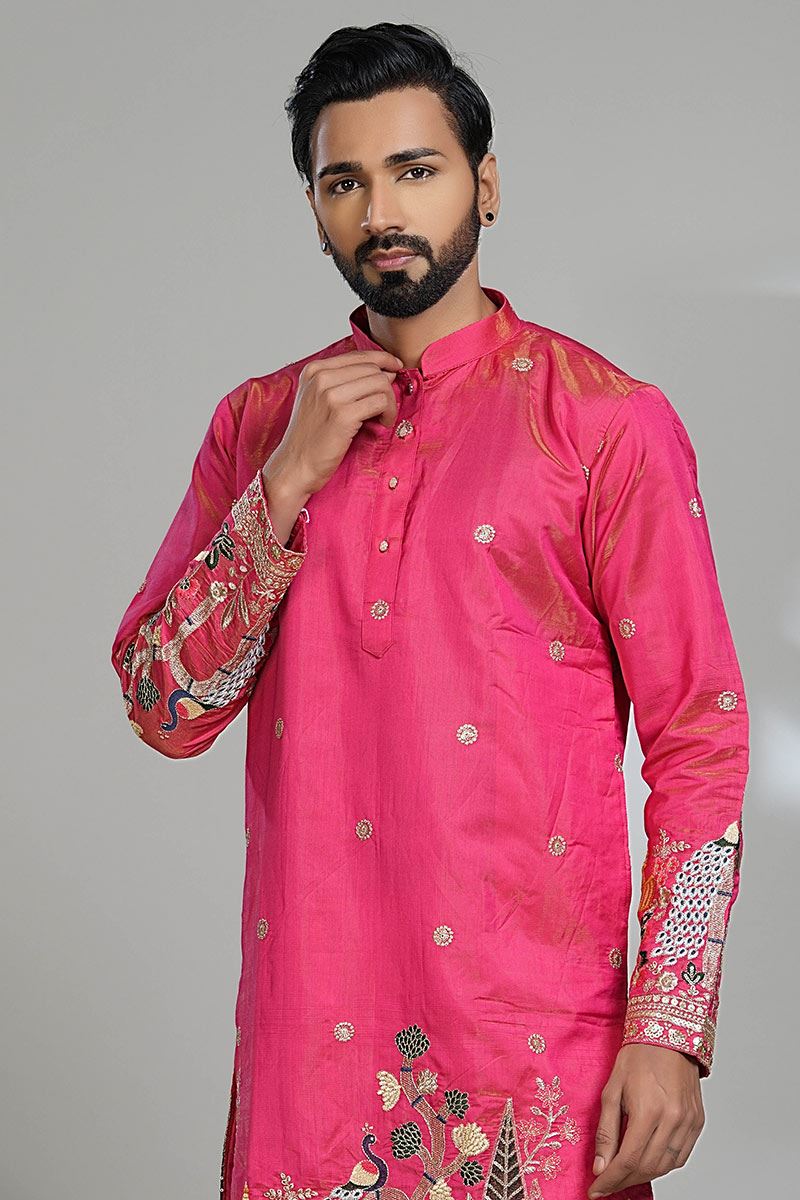 Impressive Hot Pink Designer Men’s Kurta Pyjama for Festivals, Sangeet, and Parties