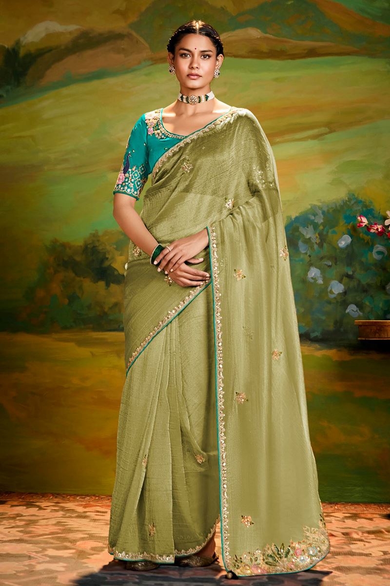 Ethnic Tissue Organza Designer Saree for Mehendi, Sangeet, and Parties