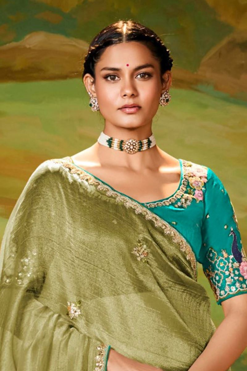 Ethnic Tissue Organza Designer Saree for Mehendi, Sangeet, and Parties