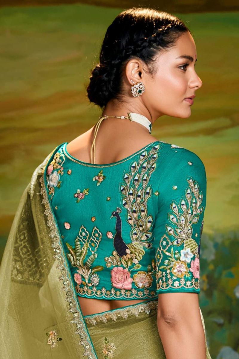 Ethnic Tissue Organza Designer Saree for Mehendi, Sangeet, and Parties