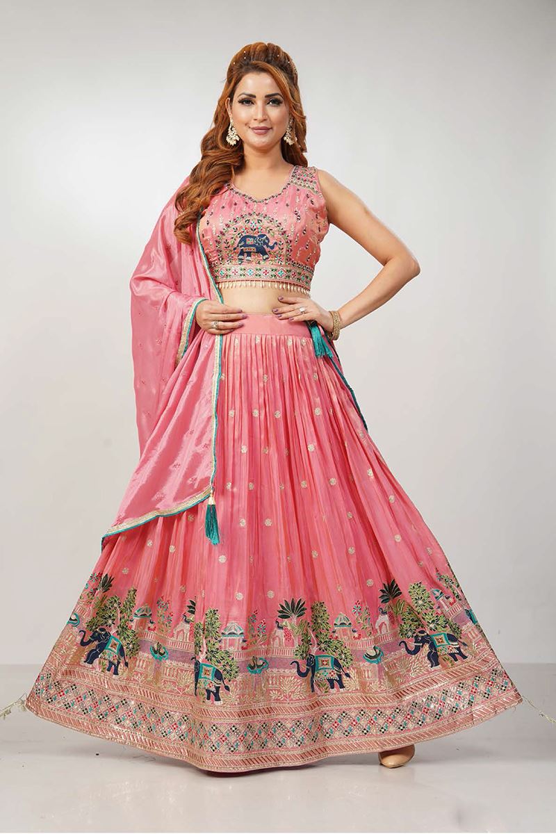 Outstanding Chinnon Silk Designer Indo-Western Lehenga Choli for Engagement and Reception