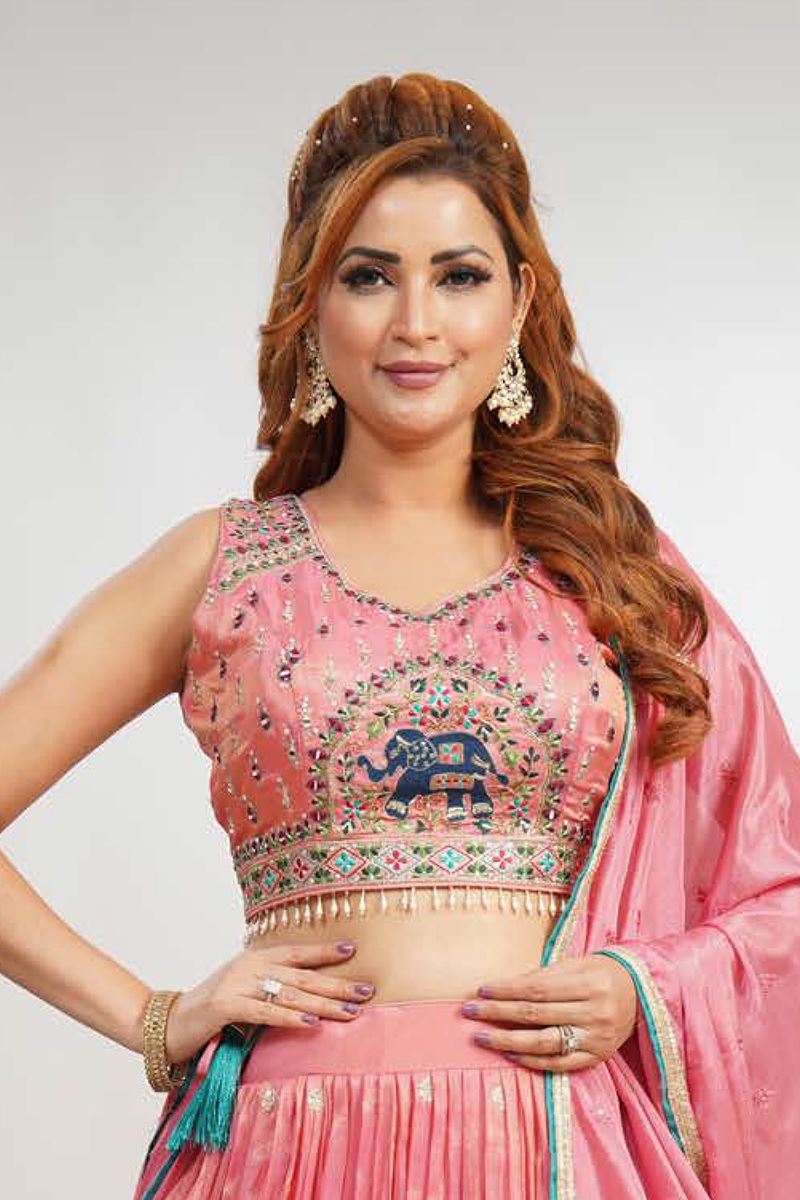 Outstanding Chinnon Silk Designer Indo-Western Lehenga Choli for Engagement and Reception