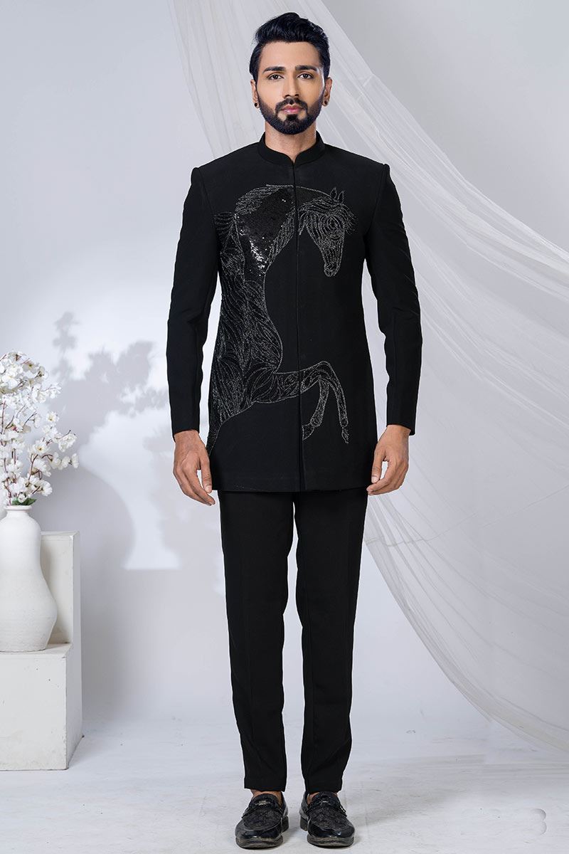 Captivating Jade Black Designer Jodhpuri Suit for Engagement, Wedding, and Reception
