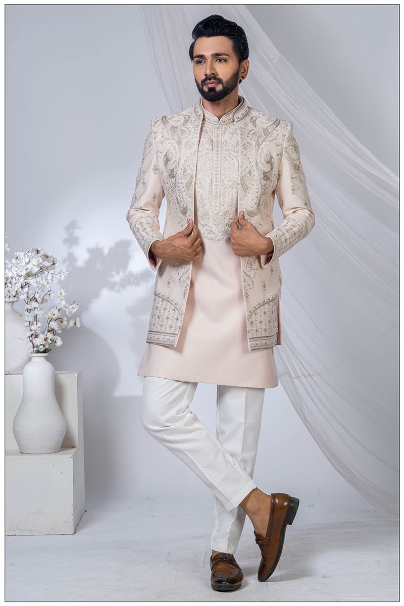 Amazing Light Peach Designer Jodhpuri Suit for Engagement, Wedding, and Reception