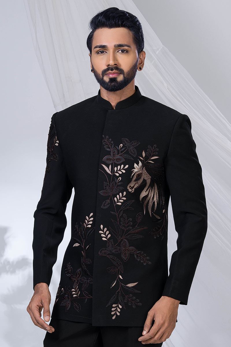 Impressive Black Designer Jodhpuri Suit for Engagement and Reception