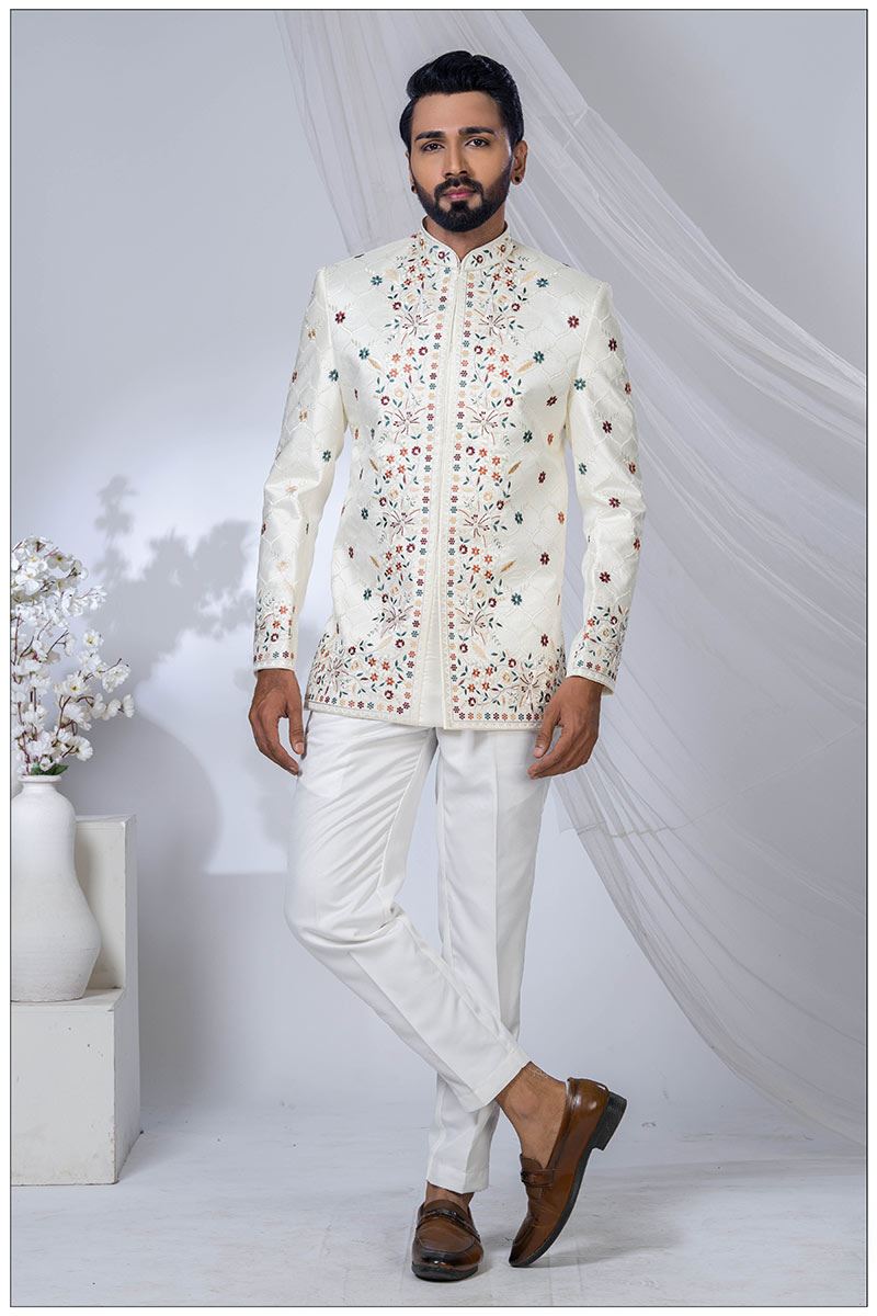 Charismatic Cream Designer Jodhpuri Suit for Engagement, Wedding, and Reception