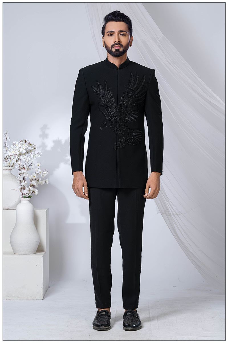 Spectacular Jade Black Designer Jodhpuri Suit for Engagement, Wedding, and Reception