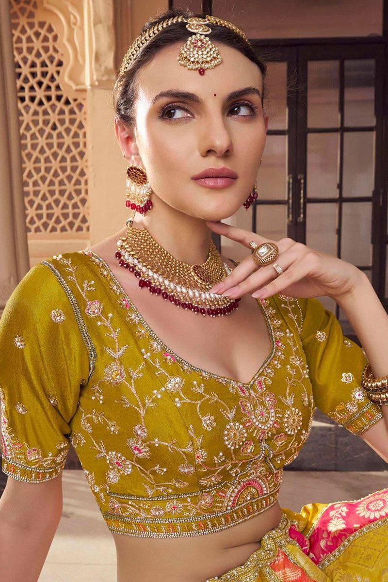 Classy Multi and Mustard Designer Wedding Lehenga Choli for Haldi, Wedding, and Reception