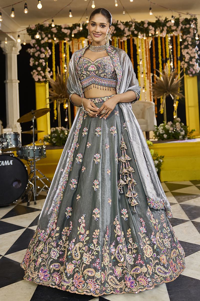 Impressive Tissue Designer Indo-Western Lehenga Choli for Engagement and Reception