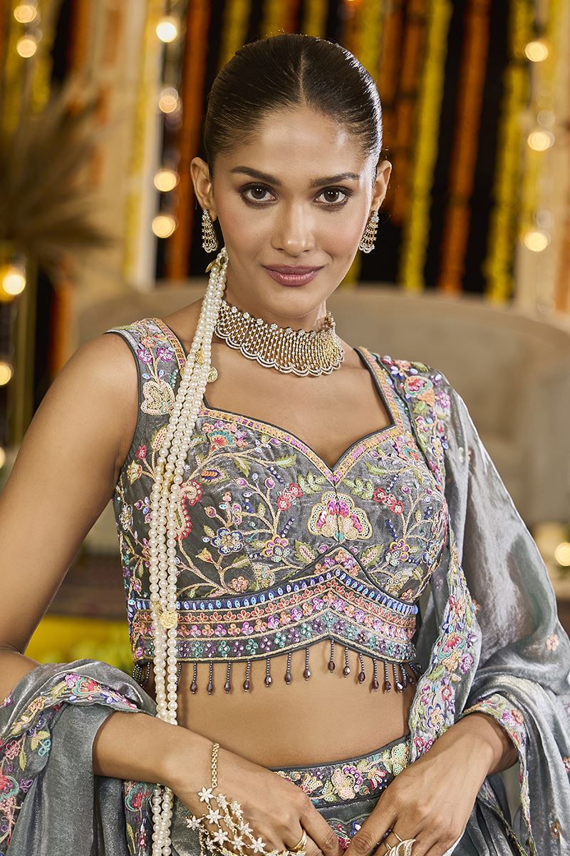 Impressive Tissue Designer Indo-Western Lehenga Choli for Engagement and Reception