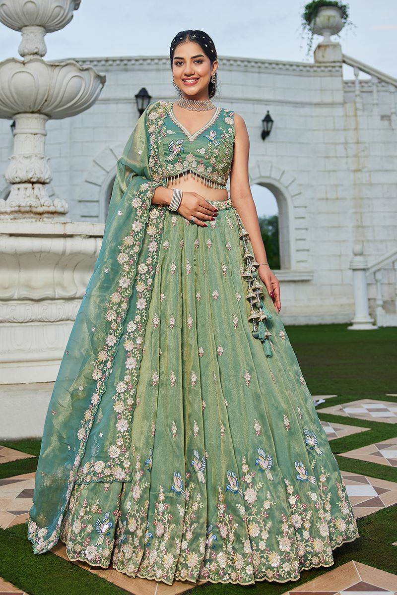 Gorgeous Tissue Designer Indo-Western Lehenga Choli for Mehendi, Engagement, and Reception