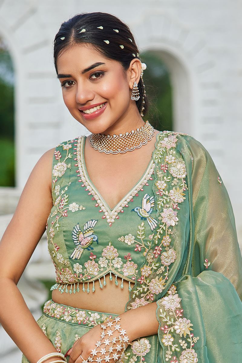 Gorgeous Tissue Designer Indo-Western Lehenga Choli for Mehendi, Engagement, and Reception