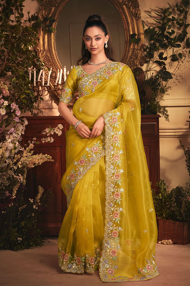 Impressive Tissue Organza Silk Designer Saree for Haldi, Wedding, and Reception