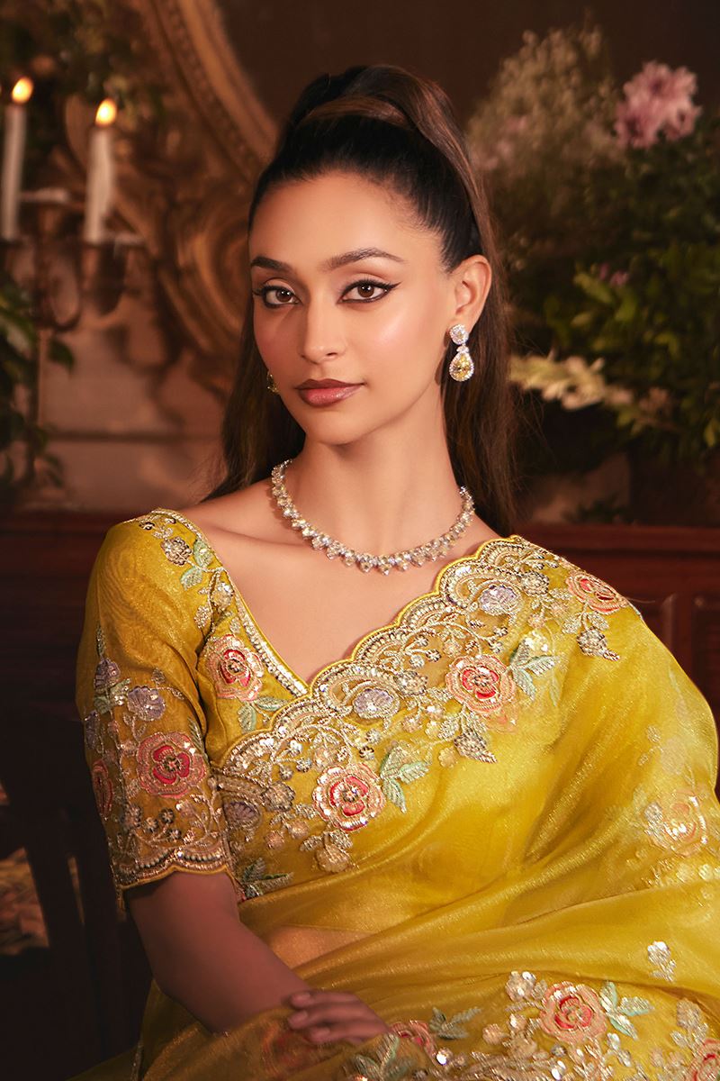 Impressive Tissue Organza Silk Designer Saree for Haldi, Wedding, and Reception