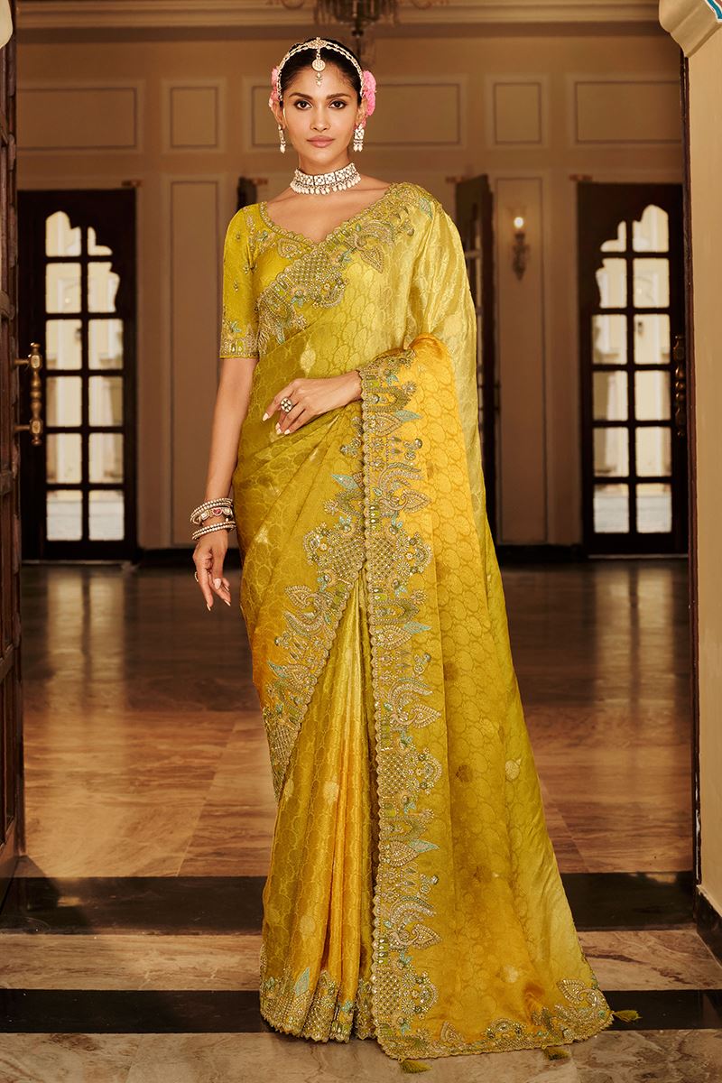 Magnificent Pure Viscose Jacquard Silk Designer Saree for Haldi, Wedding, and Reception