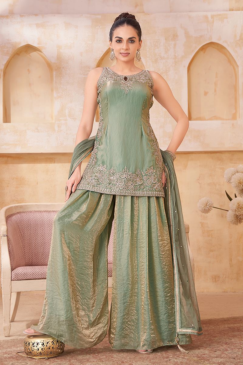 Enticing Designer Palazzo Suit for Engagement, Wedding, and Reception