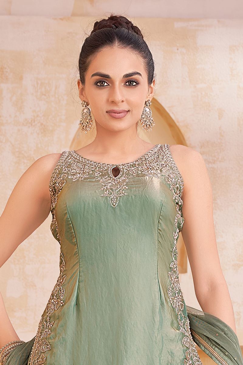 Enticing Designer Palazzo Suit for Engagement, Wedding, and Reception