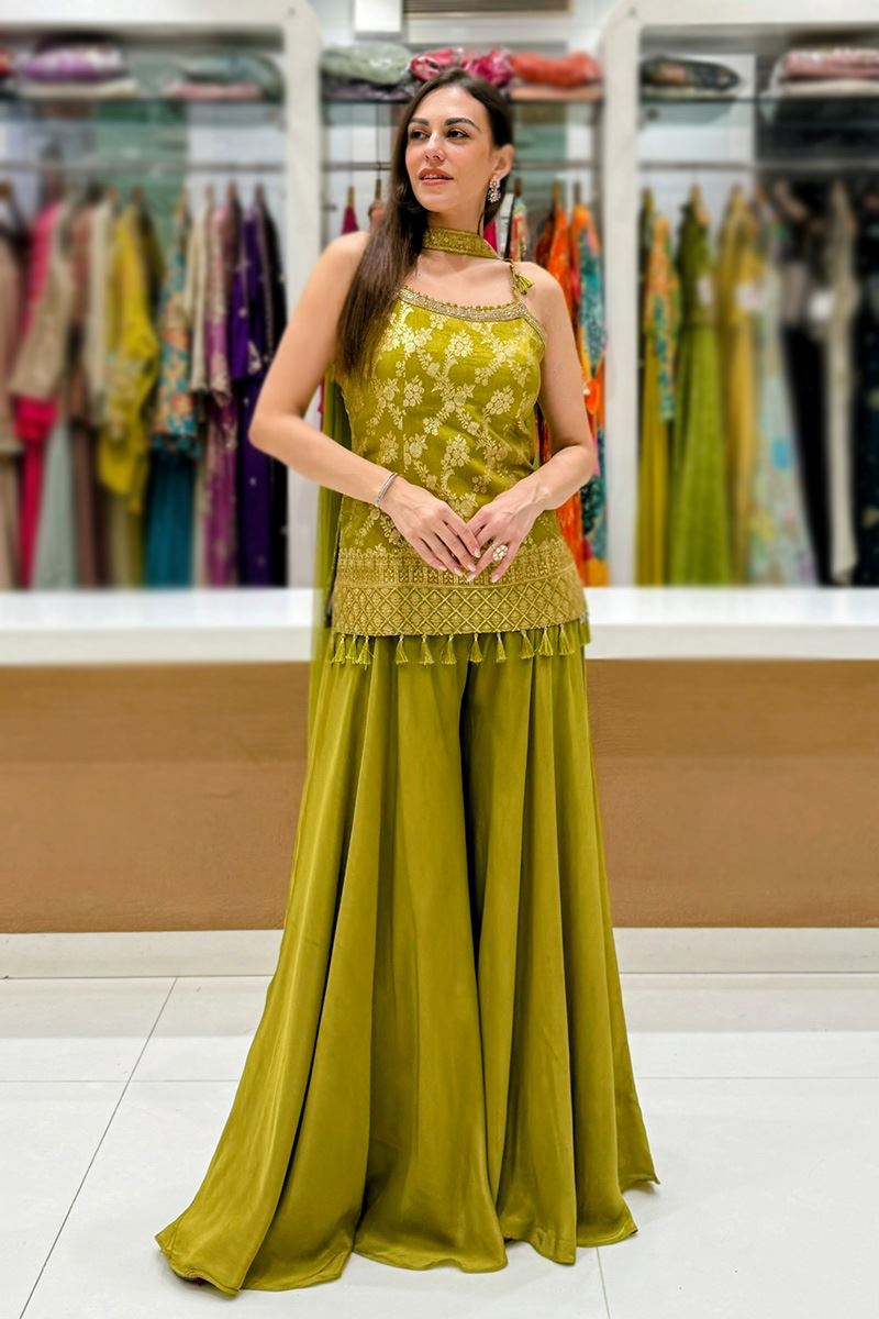 Astounding Mehendi Green Designer Palazzo Suit for Mehendi, Engagement, and Reception