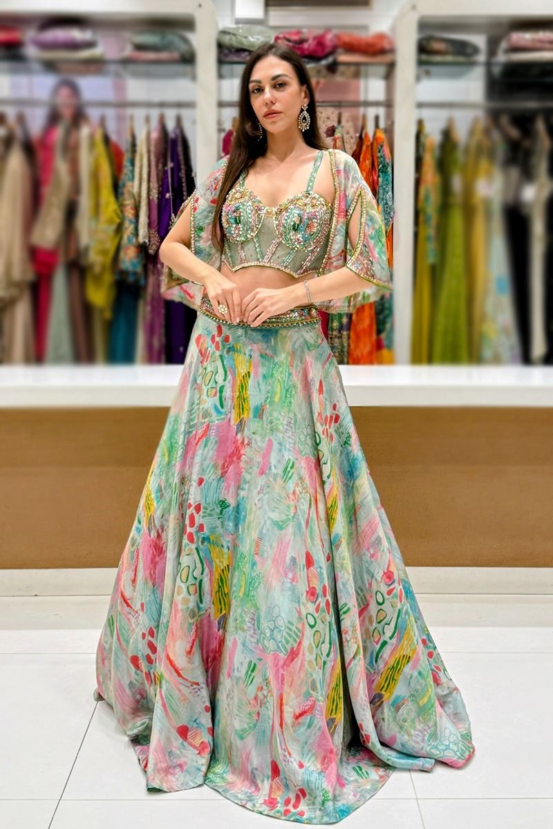 Glamorous Organza Designer Indo-Western Lehenga Choli for Engagement, Sangeet, and Parties