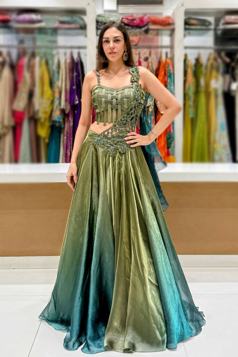 Artistic Chiffon Designer Indo-Western Lehenga Choli for Engagement, Reception, and Mehendi