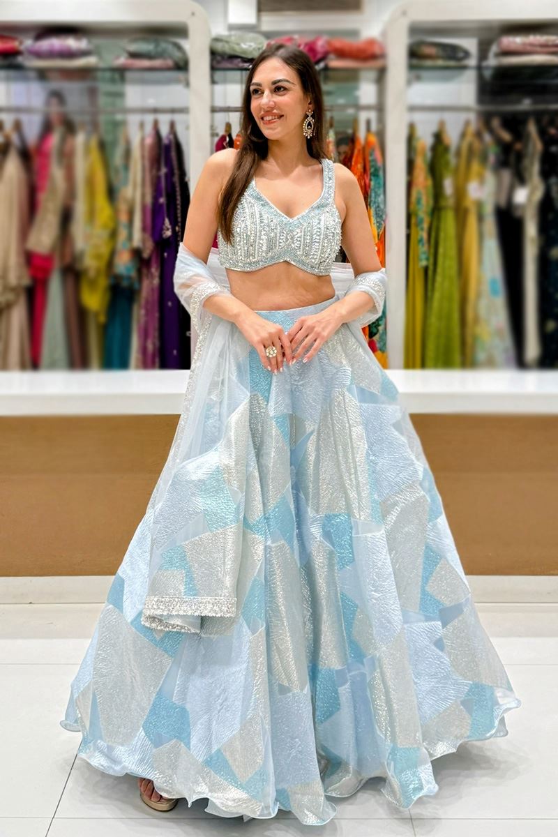 Impressive Shimmer Jacquard Designer Indo-Western Lehenga Choli for Engagement, Reception, and Sangeet