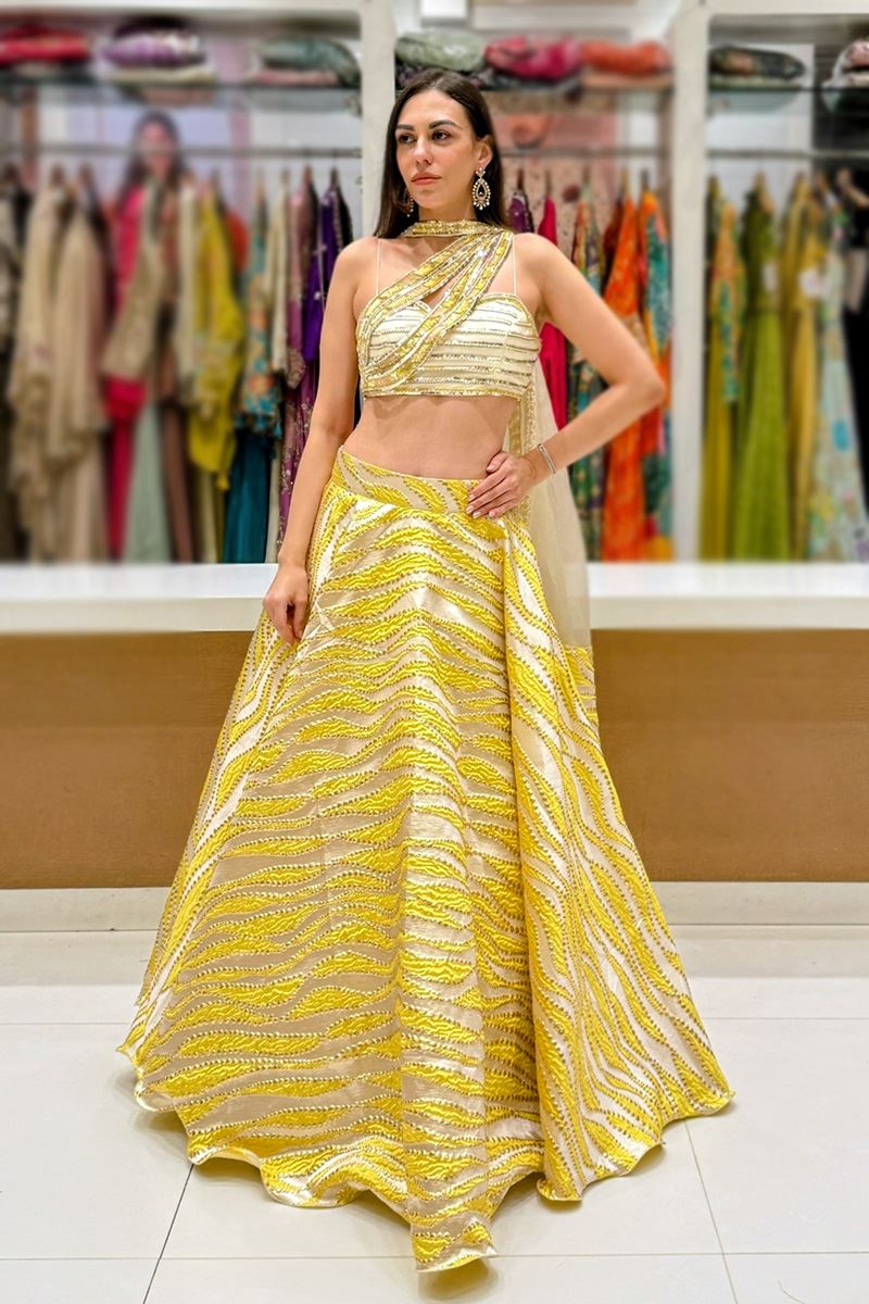 Magnificent Jacquard Designer Indo-Western Lehenga Choli for Engagement, Reception, and Haldi