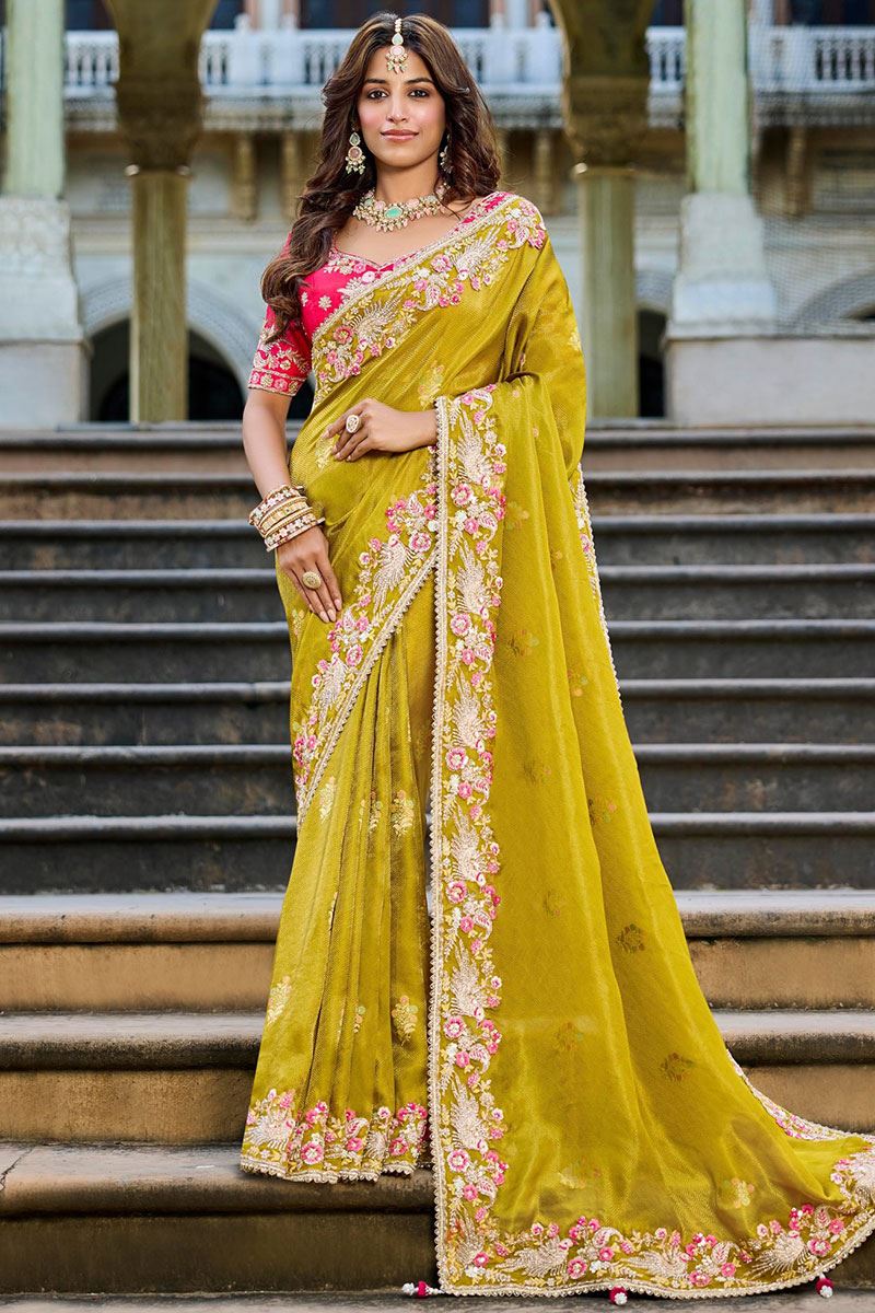 Striking Viscose Satin Tissue Designer Saree for Haldi, Wedding, and Reception