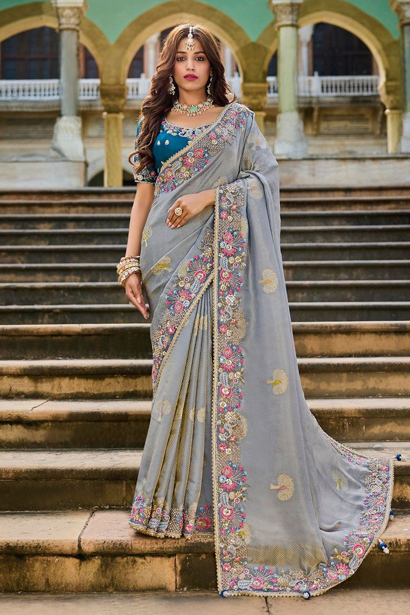 Flamboyant Viscose Satin Tissue Designer Saree for Engagement, Wedding, and Reception
