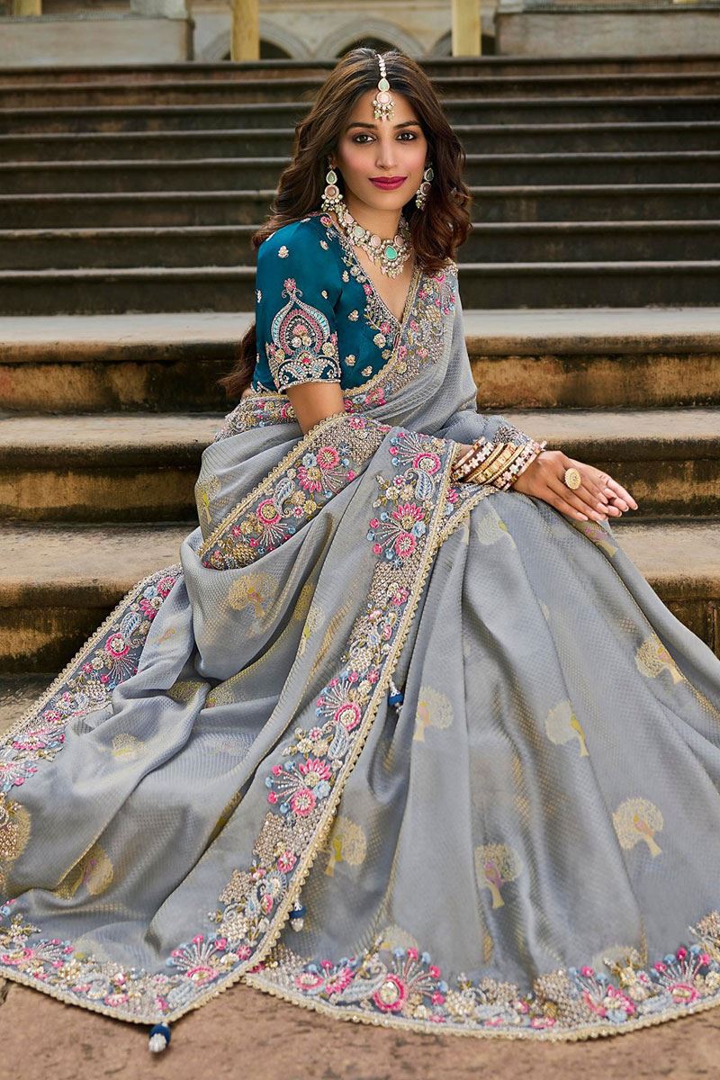 Flamboyant Viscose Satin Tissue Designer Saree for Engagement, Wedding, and Reception