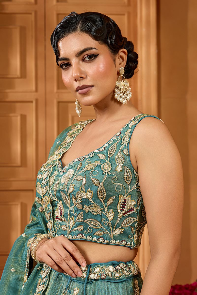 Delightful Tissue Designer Indo-Western Lehenga Choli for Mehendi, Engagement, and Reception