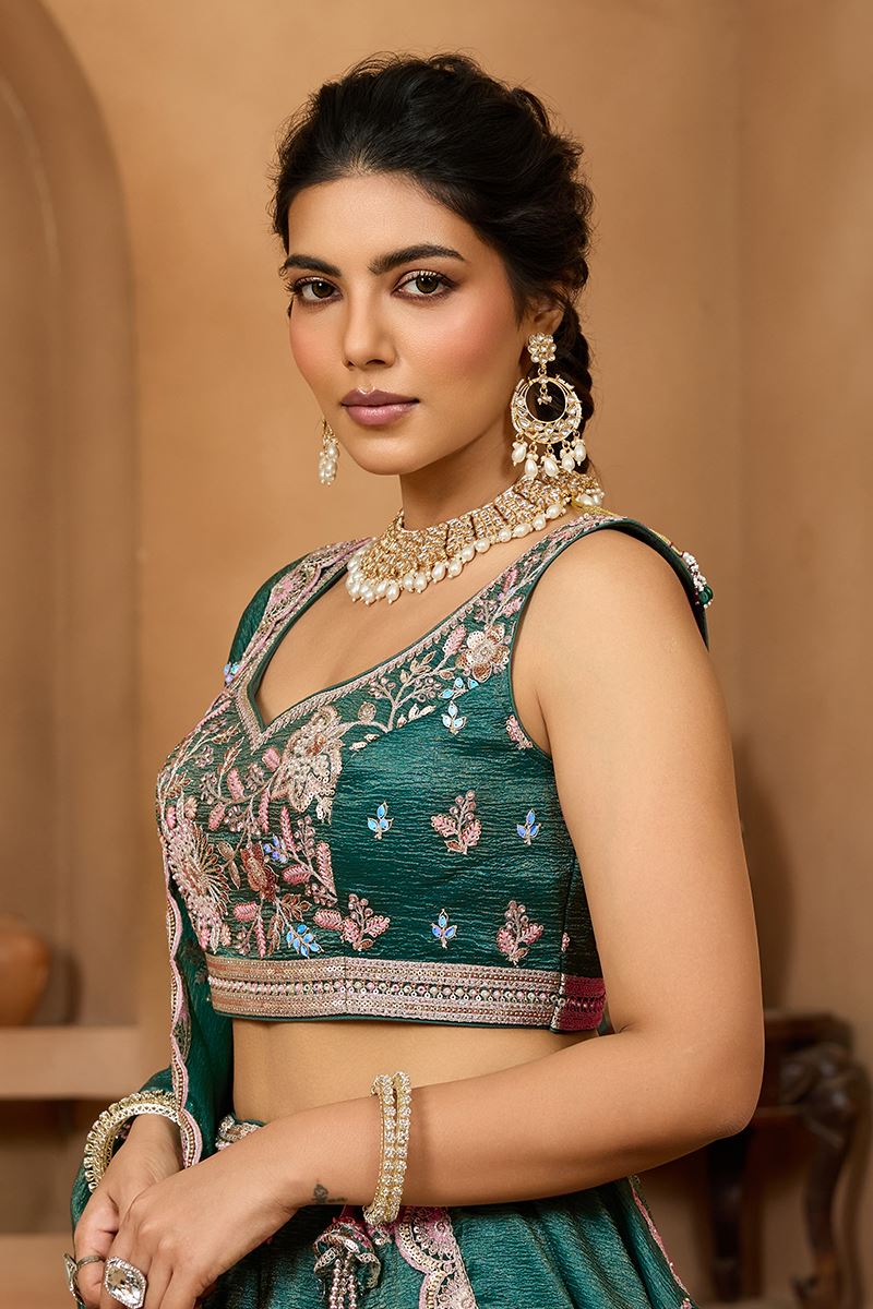 Outstanding Tissue Designer Indo-Western Lehenga Choli for Mehendi, Engagement, and Reception