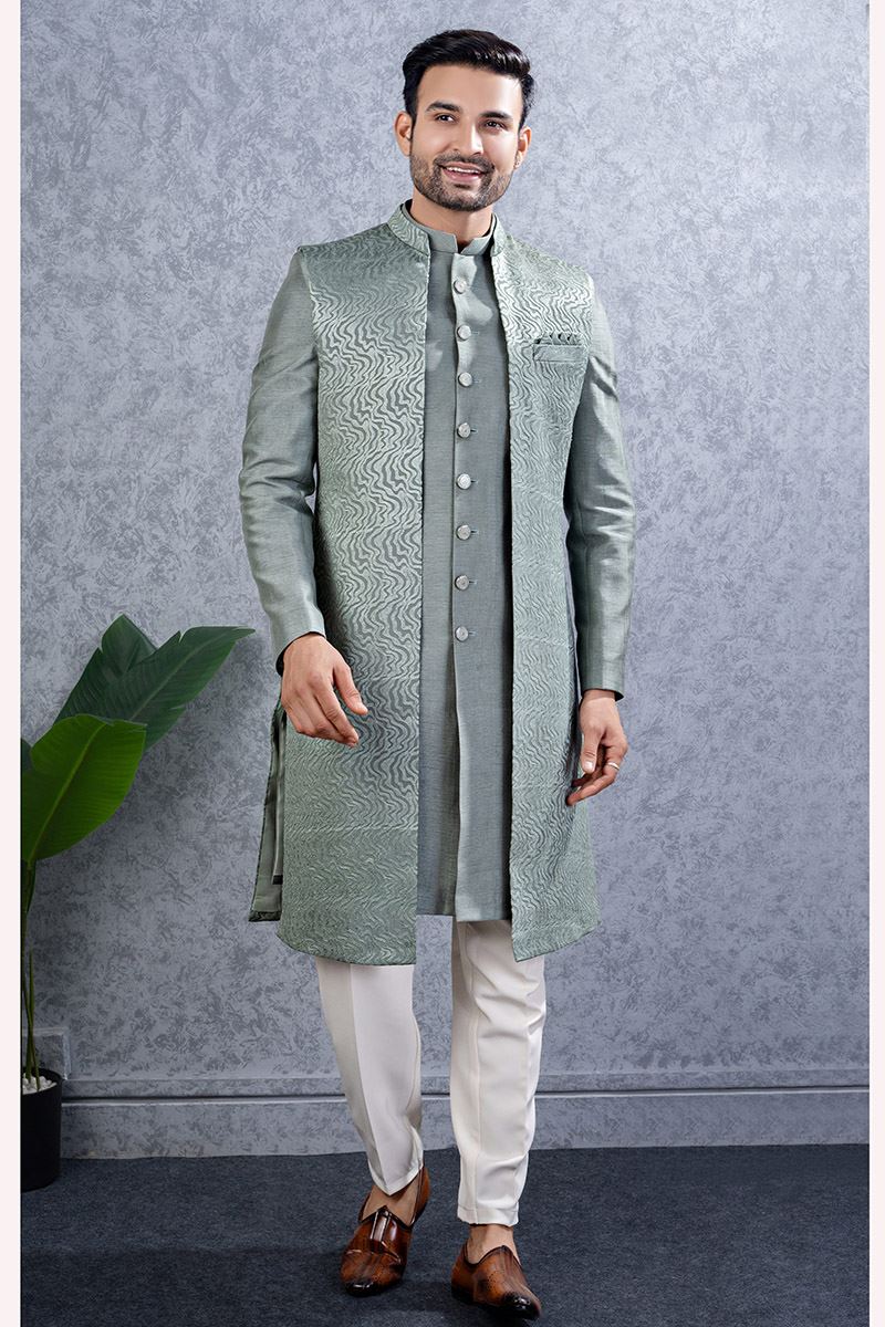 Charismatic Teal Designer Men’s Indo-Western Sets for Engagement and Reception