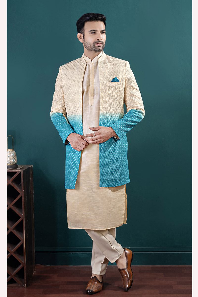 Exuberant Gold Designer Men’s Indo-Western Sets for Engagement, Wedding, and Reception