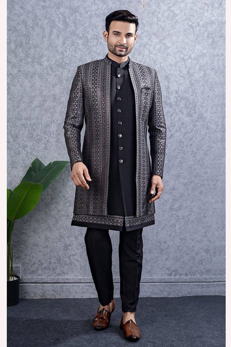 Captivating Black Designer Men’s Indo-Western Sets for Engagement and Reception
