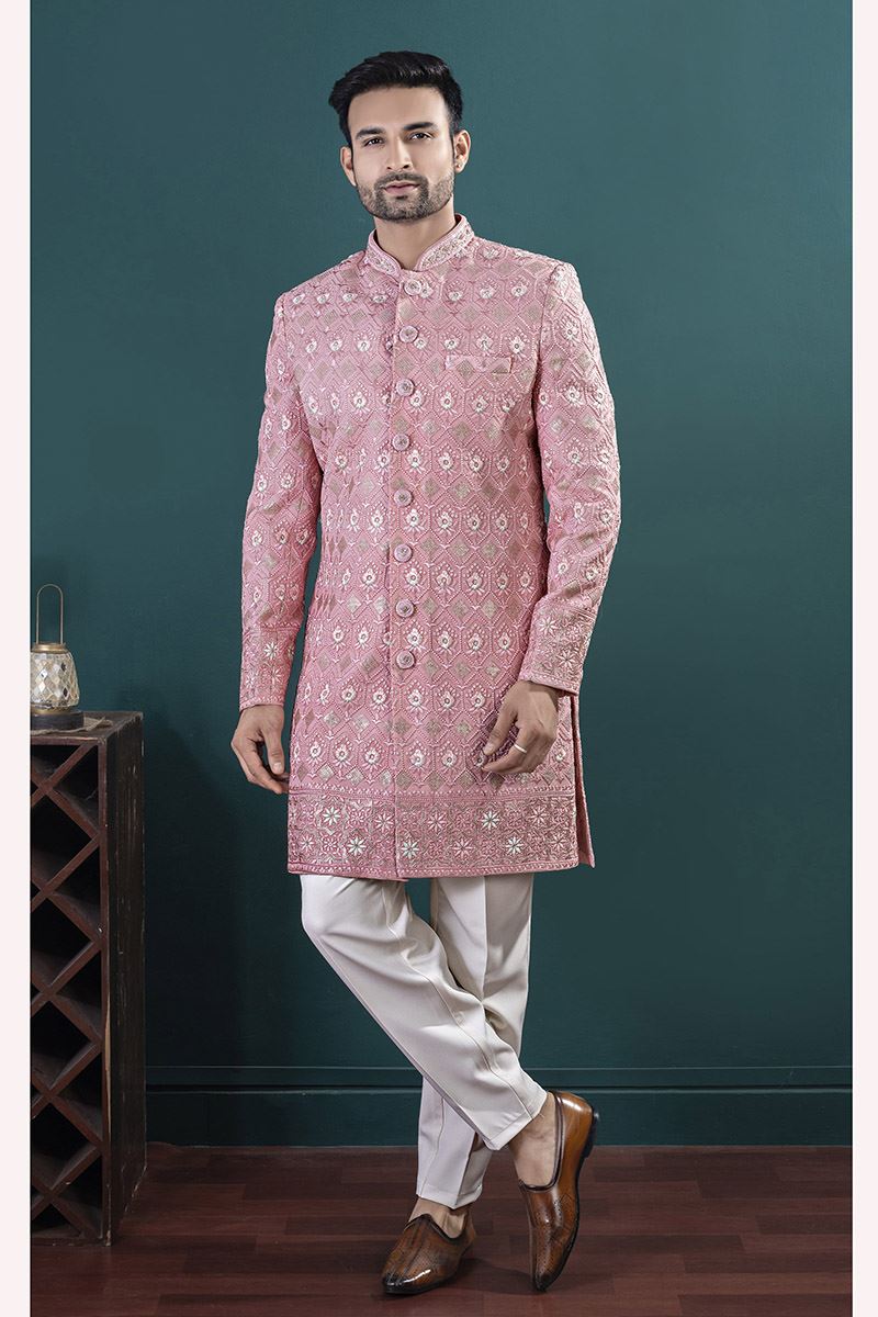 Elegant Peach Designer Men’s Indo-Western Sets for Engagement and Reception
