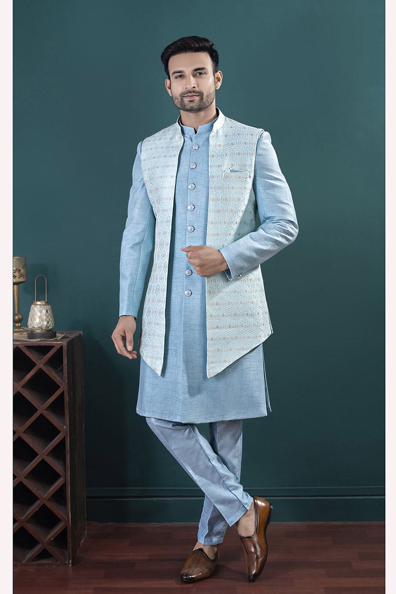Appealing Sky Blue Designer Men’s Indo-Western Sets for Engagement and Reception