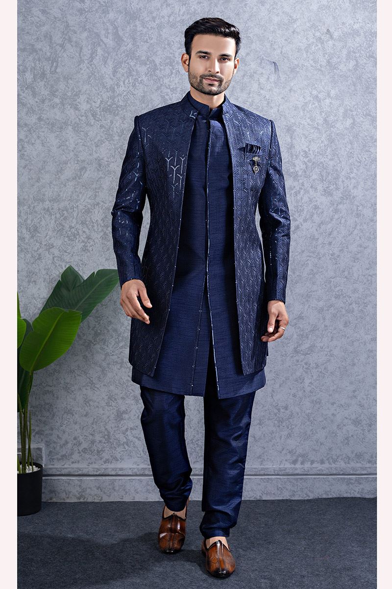 Awesome Navy Blue Designer Men’s Indo-Western Sets for Wedding and Reception
