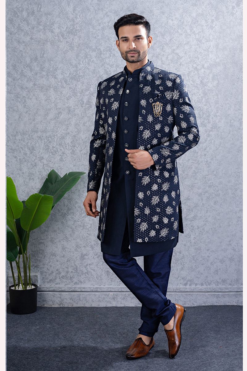 Amazing Navy Blue Designer Men’s Indo-Western Sets for Wedding and Reception