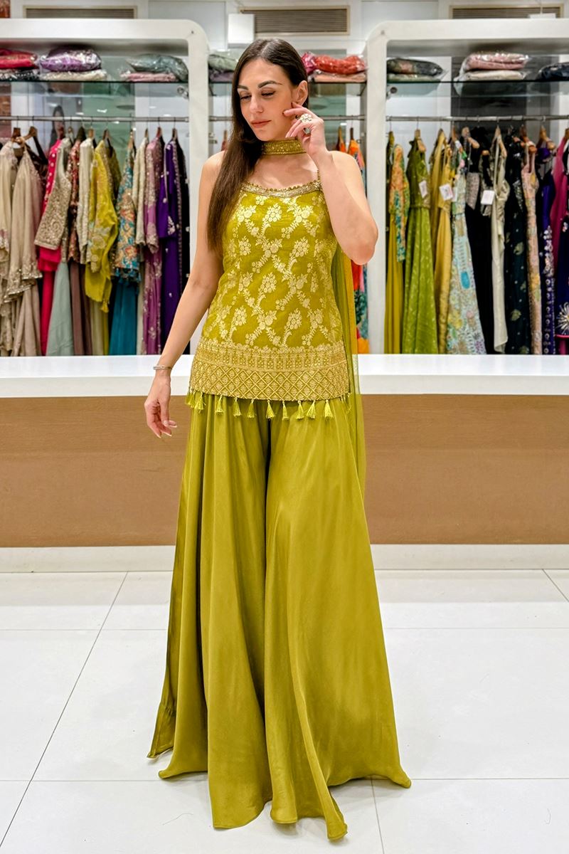 Astounding Mehendi Green Designer Palazzo Suit for Mehendi, Engagement, and Reception