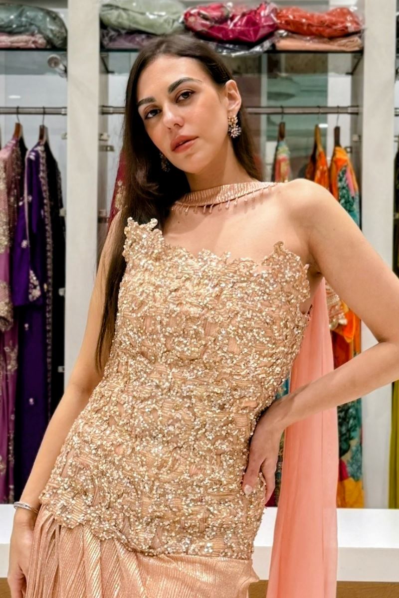 Divine Peach Designer Indo-Western Outfit for Engagement and Reception